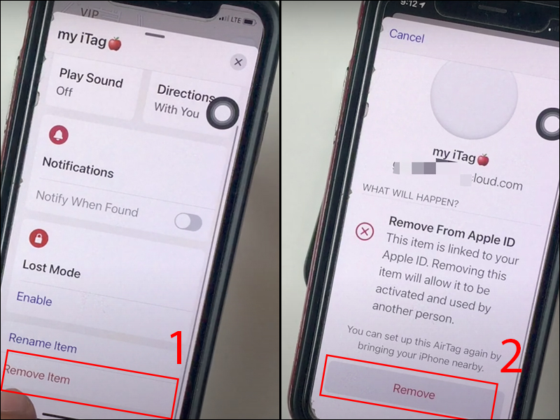 Chọn Remove Item và nhấn xác nhận Remove để thoát Airtag khỏi iPhone